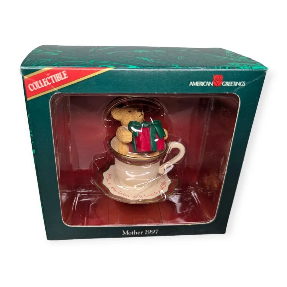 Vintage American Greetings Mother 1997 Teddy Bear in Tea Cup Christmas Ornament